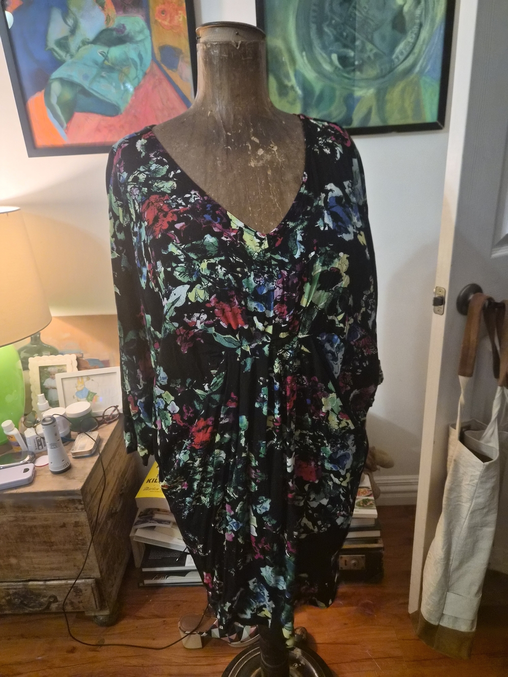 Maeve Black Floral V-Neck Tunic with Multicolor Print
